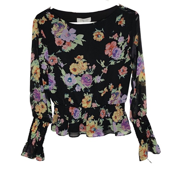 NWT WAYF Womens Chiffon Black Floral Blouse Top‎ Size Small Long Sleeve Smocked - Picture 1 of 8